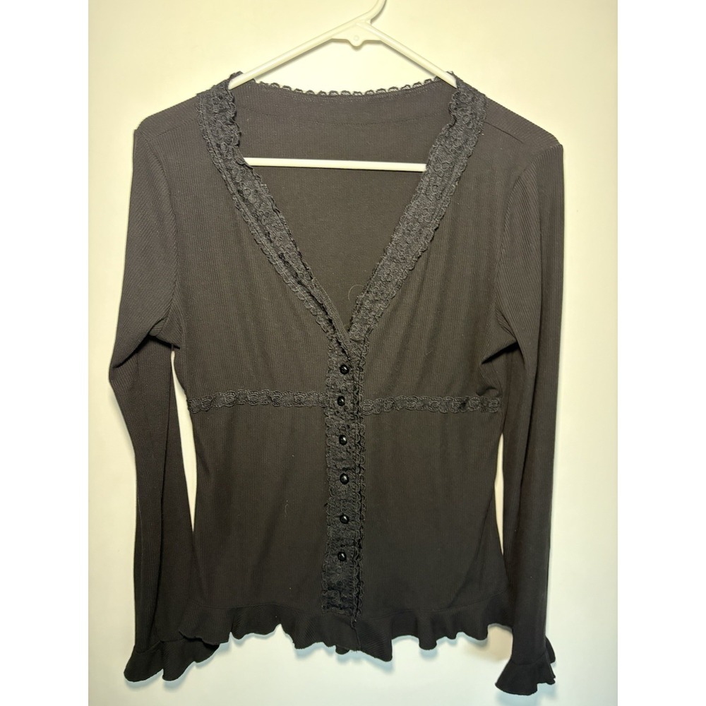 Penny Dreadful Hot Topic Black Top Gothic Steampunk Button Front Lace Trim Med